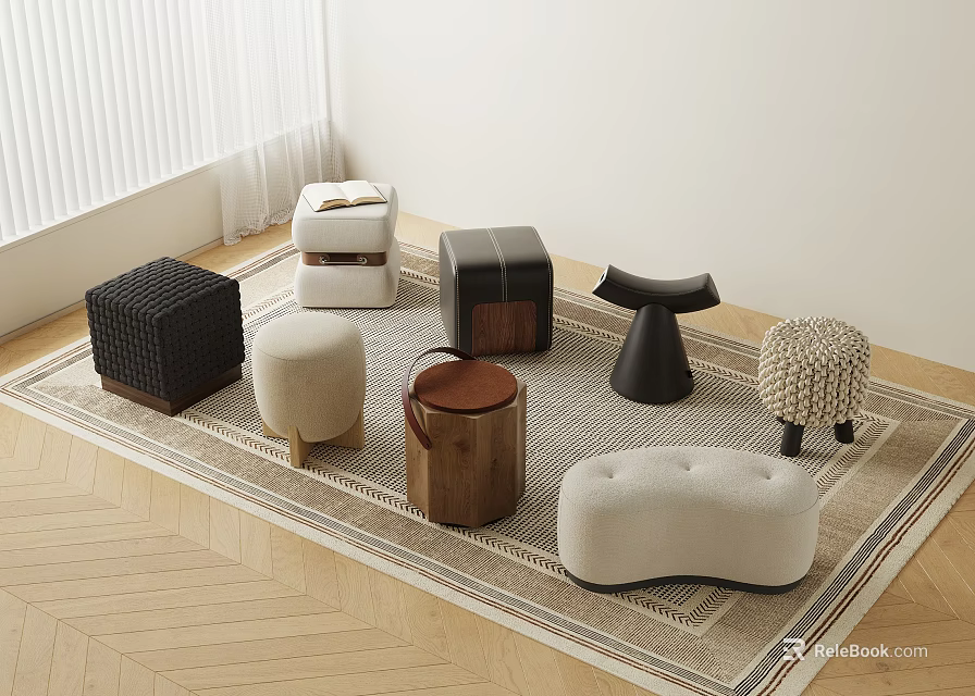 Various Stylish Stools In Home Interior With Different Designs And Wooden Floor Area Rug 3d model 