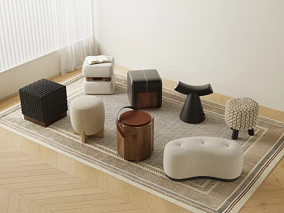 Various Stylish Stools In Home Interior With Different Designs And Wooden Floor Area Rug 3d model