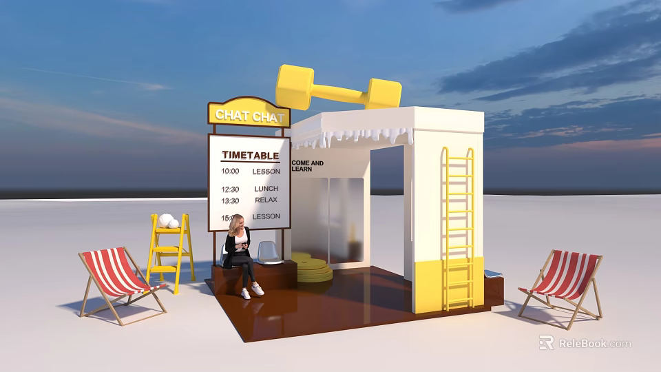 Art Installation Featuring Chef Chan Timetable Cooking Class With Dumbbell Decor And Deck Chairs 3d model