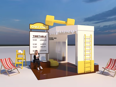 Art Installation Featuring Chef Chan Timetable Cooking Class With Dumbbell Decor And Deck Chairs 3d model