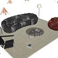 Black Tufted Sofa And Glass Coffee Table With Red Round Armchair Floor Lamp Rug