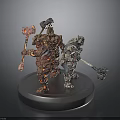 Fantasy Figure Models Three Characters With Hammers And Staffs On Silver Circular Base