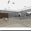 Hotel Lobby Interior Featuring Reception Desk Marble Countertop Display Cabinet and Potted Plants