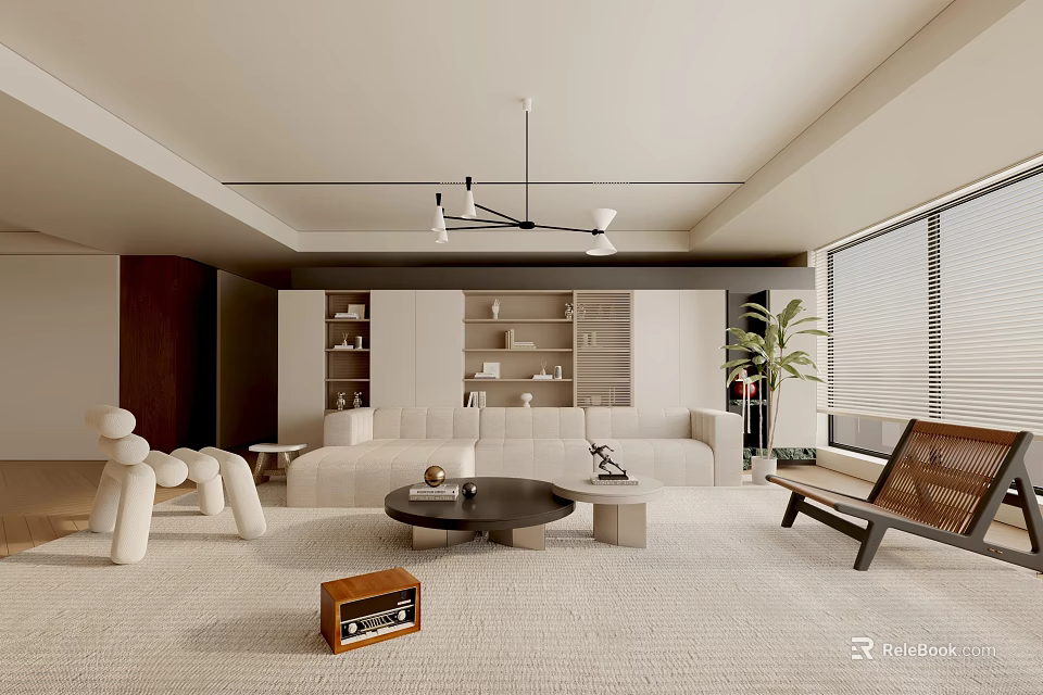 Modern Minimalist Living Room Interior With Sofa Coffee Table And Green Plant Rug 3d model 