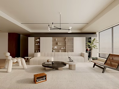 Modern Minimalist Living Room Interior With Sofa Coffee Table And Green Plant Rug 3d model