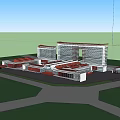 Modern Architectural Building With Red Curved Roof Green Trees Lawn And People