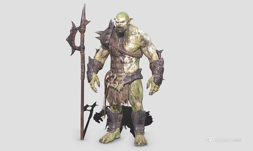 Game and Movie Character with Green Skin Muscular Build Armored Attire Holding Spiked Spear 3d model 