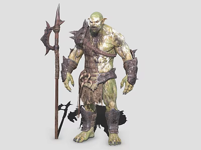 Game and Movie Character with Green Skin Muscular Build Armored Attire Holding Spiked Spear 3d model