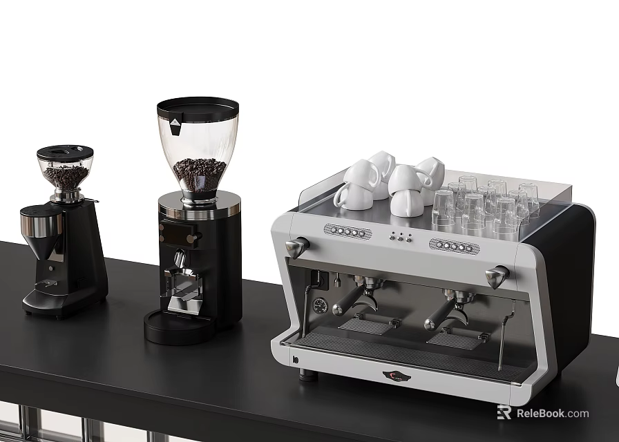 Daily Electrical Appliances Including Coffee Machine And Grinder On Black Kitchen Countertop 3d model 