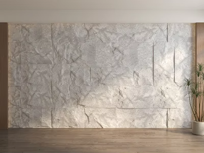 Modern Light Grey Textured Stone Background Wall With Wooden Floor And Potted Plant 3d model