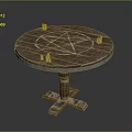 Round Wooden Table With Pentagram Symbol And Candles On Dark Background