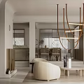 Modern Dining and Living Room Interior with Hanging Chandelier Beige Sofa and Fireplace Design