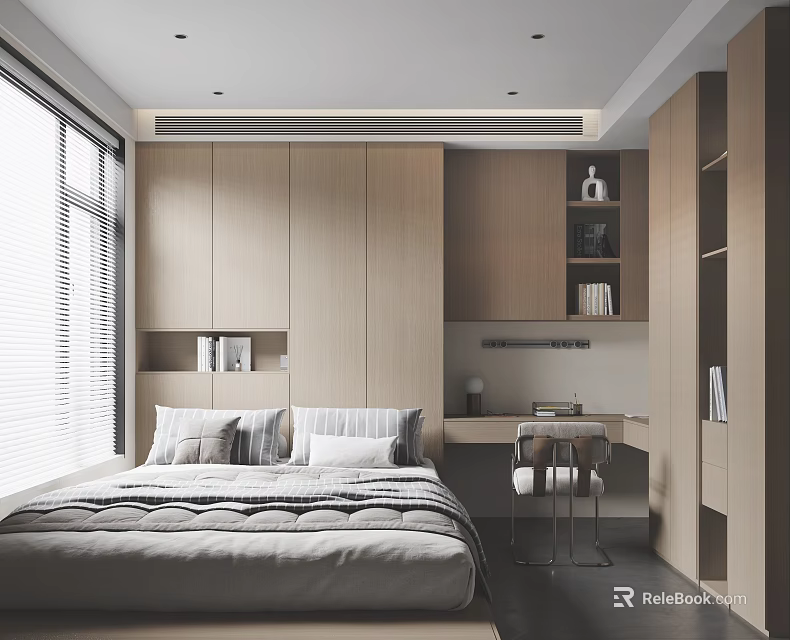 Modern Tatami Bedroom Interior Design With Wooden Storage Cabinets And Desk 3d model 