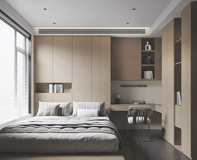 Modern Tatami Bedroom Interior Design With Wooden Storage Cabinets And Desk 3d model