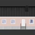Red Brick House Exterior With Black Roof White Windows White Door Black Stairs And Chimney