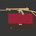 Golden Rifle With Brown Case And Red Interior Displayed On Black Background