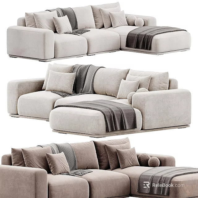 Modern Sectional Sofa with Soft Pillows Cozy Throw Blanket and Neutral Upholstery 3d model