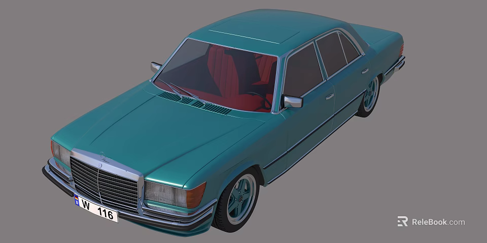 Classic Teal Sedan With Red Interior And Vintage Design Features 3d model 