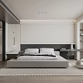 Modern Minimalist Bedroom Interior With Large Bed Wooden Floor Desk And Chair