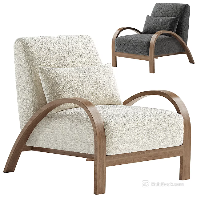 Modern Plush Accent Chair With Curved Wooden Arms And Neutral Tones 3d model 