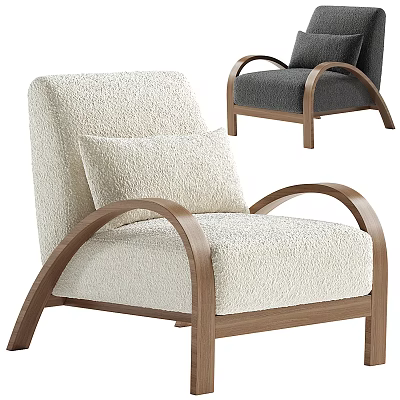 Modern Plush Accent Chair With Curved Wooden Arms And Neutral Tones 3d model