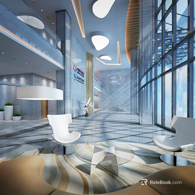 Luxury Modern Hotel Lobby Interior With Glass Walls Marble Flooring And Elegant Lighting 3d model 