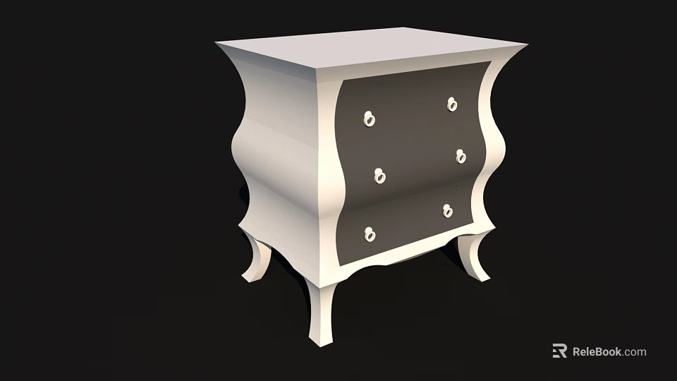 White Bedside Table Featuring Dark Gray Drawers And Silver Knobs With Curved Legs 3d model 