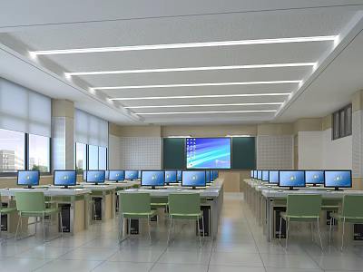 School Computer Classroom With Green Chairs Desks Computers Large Screen And Windows 3d model