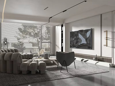 Modern Living Room Interior With Gray Sofa Accent Chair Abstract Painting Large Windows And Blinds 3d model