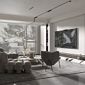 Modern Living Room Interior With Gray Sofa Accent Chair Abstract Painting Large Windows And Blinds