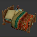 Wooden Single Bed With Yellow Pillow Colorful Striped Quilt And Wooden Posts