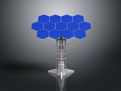 Blue Hexagonal Panels Forming Tree Like Structure With Metal Base Stand 3d model