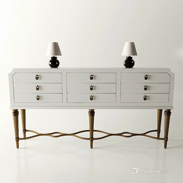 White Console Table With Golden Legs Multiple Drawers And Table Lamps Black Bases White Shades 3d model 