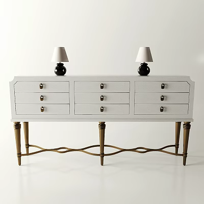 White Console Table With Golden Legs Multiple Drawers And Table Lamps Black Bases White Shades 3d model