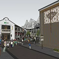 Traditional Commercial Street with Classic Architecture Plaza Pedestrian Walkways and Retail Shops