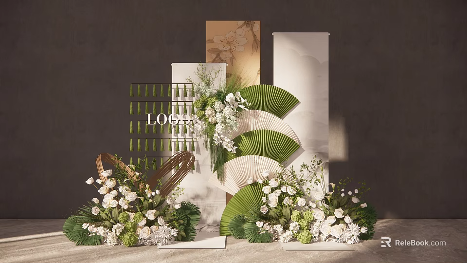 Elegant Wedding Floral Arrangement With Fan Decor And Logo Display Backdrop 3d model 