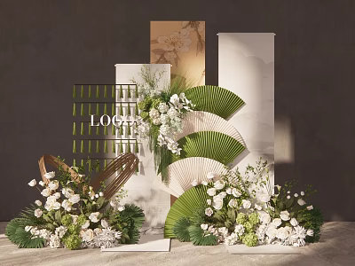 Elegant Wedding Floral Arrangement With Fan Decor And Logo Display Backdrop 3d model