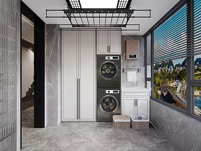 Modern Laundry Room Interior With Washer Dryer Cabinets Window And Storage Baskets 3d model