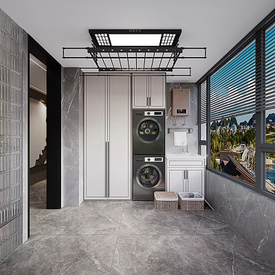 Modern Laundry Room Interior With Washer Dryer Cabinets Window And Storage Baskets 3d model