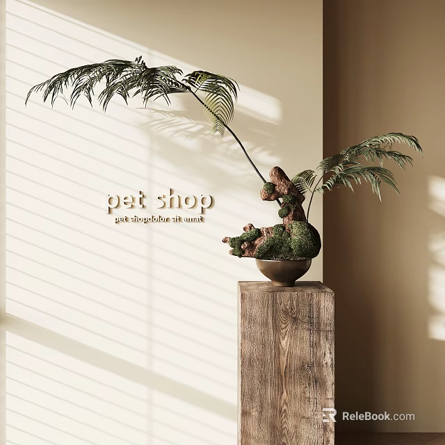 Fern Bonsai Potted Plant on Wooden Pillar in Home with Sunlight Through Blinds 3d model 