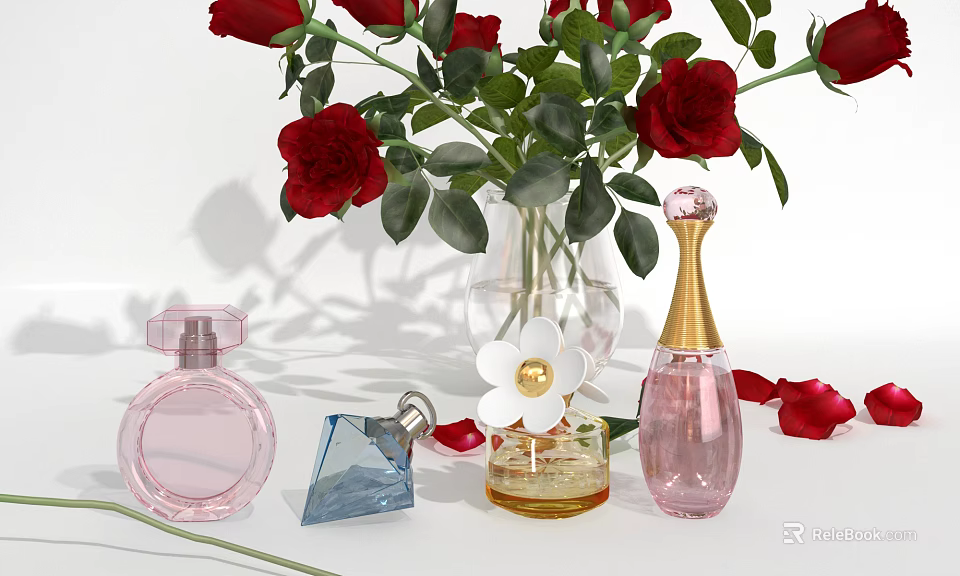 Elegant Perfume Bottles Display With Red Roses Vase And Scattered Rose Petals 3d model 