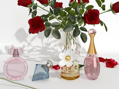 Elegant Perfume Bottles Display With Red Roses Vase And Scattered Rose Petals 3d model