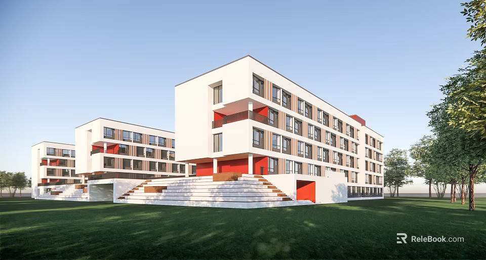 Modern School Building With White Red Exteriors Multi Storey Design Lawn And Steps 3d model 