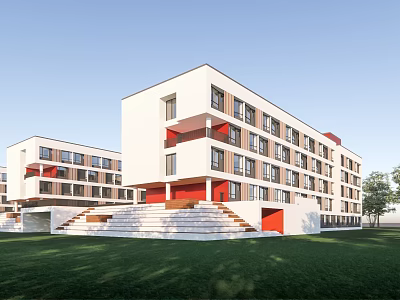 Modern School Building With White Red Exteriors Multi Storey Design Lawn And Steps 3d model
