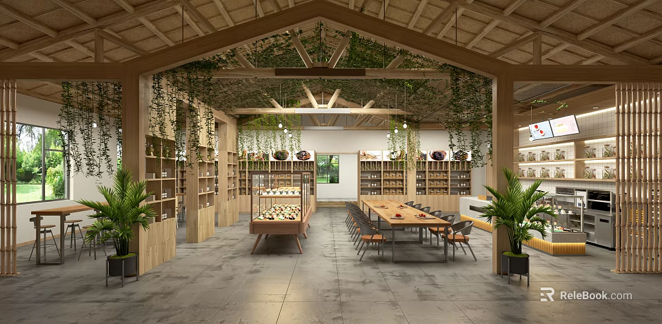 Rustic Dessert Shop Interior With Wooden Ceiling Ivy Decorations Bookshelves Dessert Display Case And Green Plants 3d model 