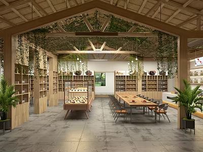 Rustic Dessert Shop Interior With Wooden Ceiling Ivy Decorations Bookshelves Dessert Display Case And Green Plants 3d model