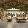 Rustic Dessert Shop Interior With Wooden Ceiling Ivy Decorations Bookshelves Dessert Display Case And Green Plants