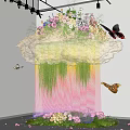 Cloud Shaped Garden Decor with Colorful Flowers and Green Hanging Plants Surrounded by Colorful Butterflies
