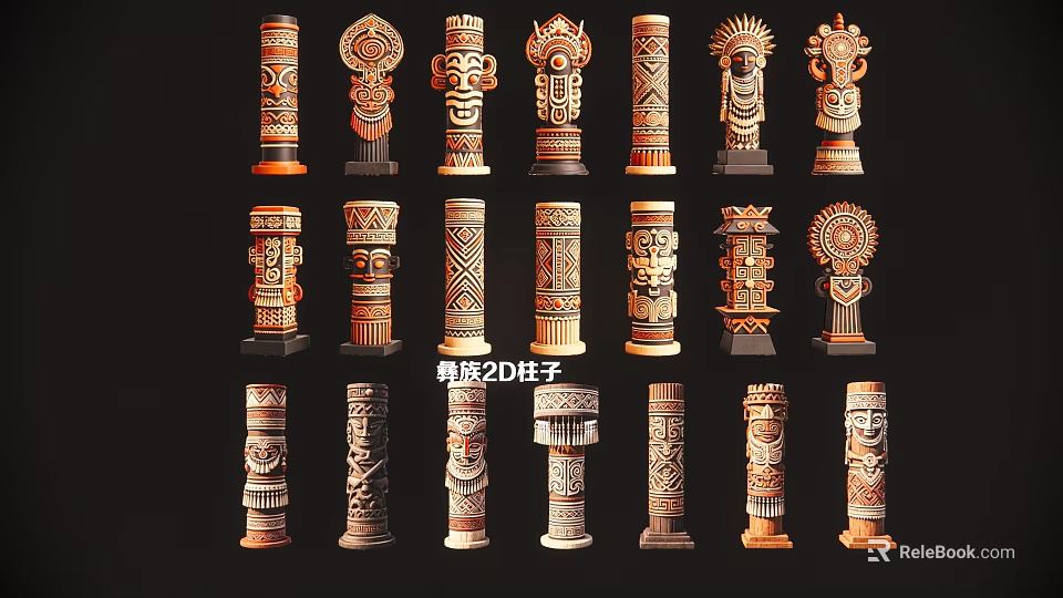 Artistic Carved Tribal Pillars with Various Intricate Patterns and Traditional Designs 3d model 