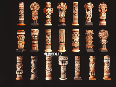 Artistic Carved Tribal Pillars with Various Intricate Patterns and Traditional Designs 3d model